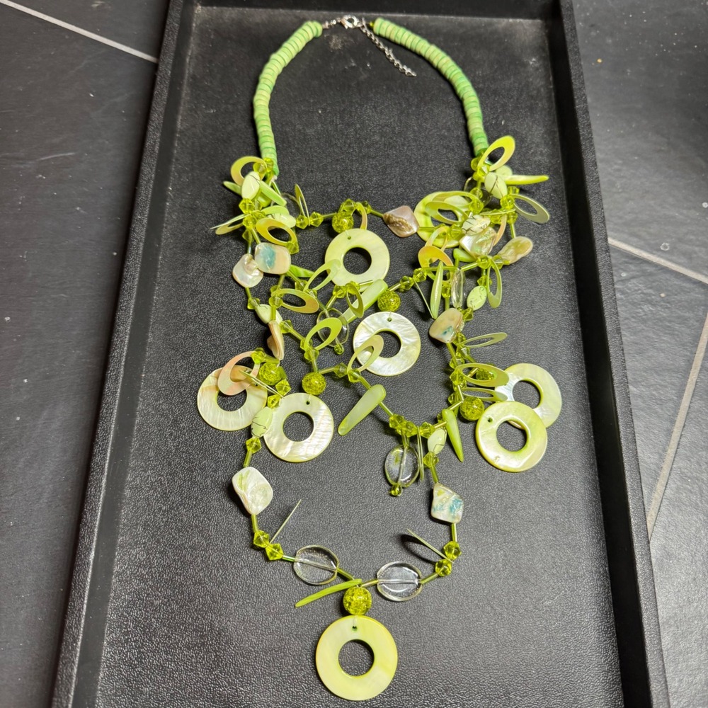Green Abalone Shell & Glass Bead Statement Necklace Boho Coastal Bib Necklace